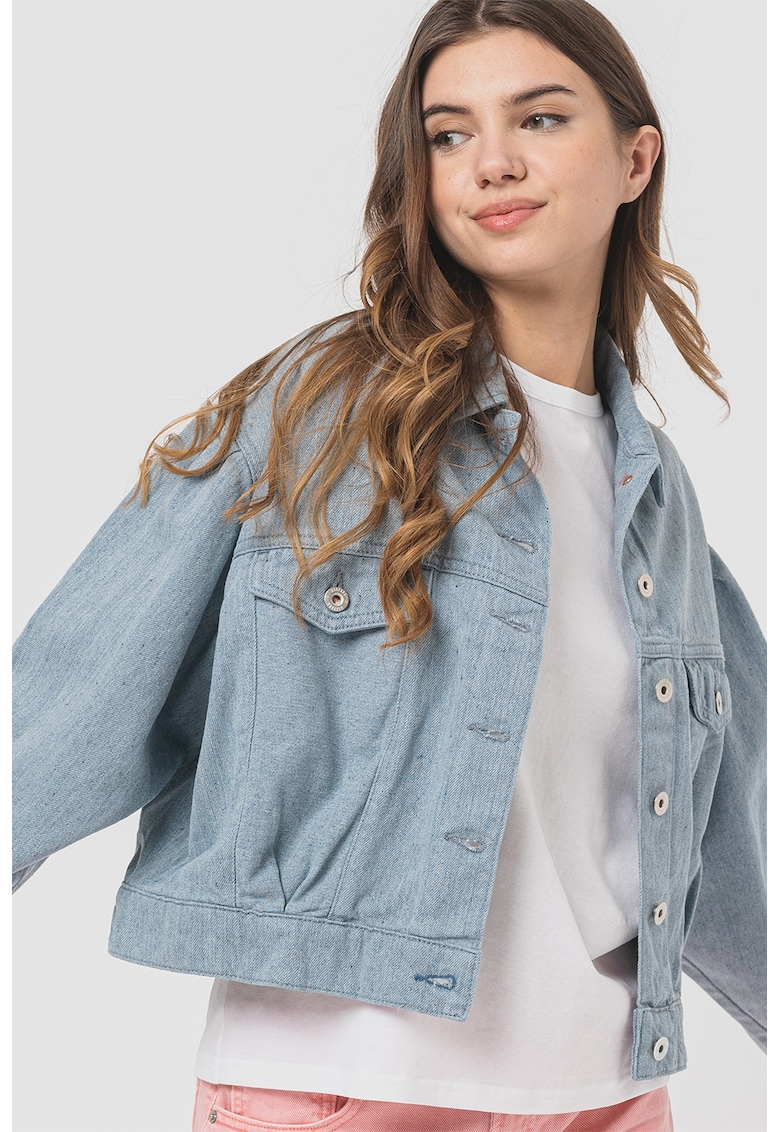 Jacheta crop din denim cu nasturi