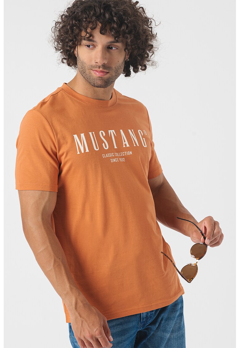 Tricou cu decolteu la baza gatului si imprimeu logo - Portocaliu stins