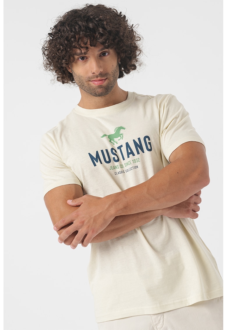 Tricou cu imprimeu logo - Verde aquamarin/Bej deschis/Bleumarin