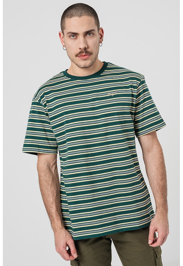 Tricou cu dungi si decolteu la baza gatului - Alb/Galben pal/Verde englez