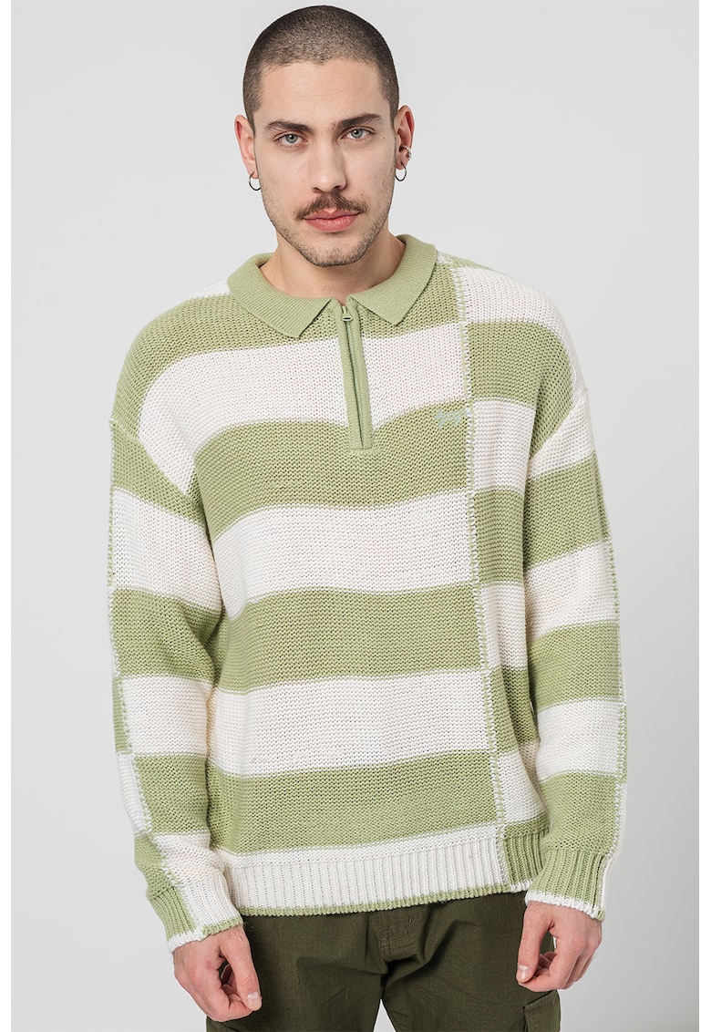 Pulover polo cu dungi - Alb/Verde fistic