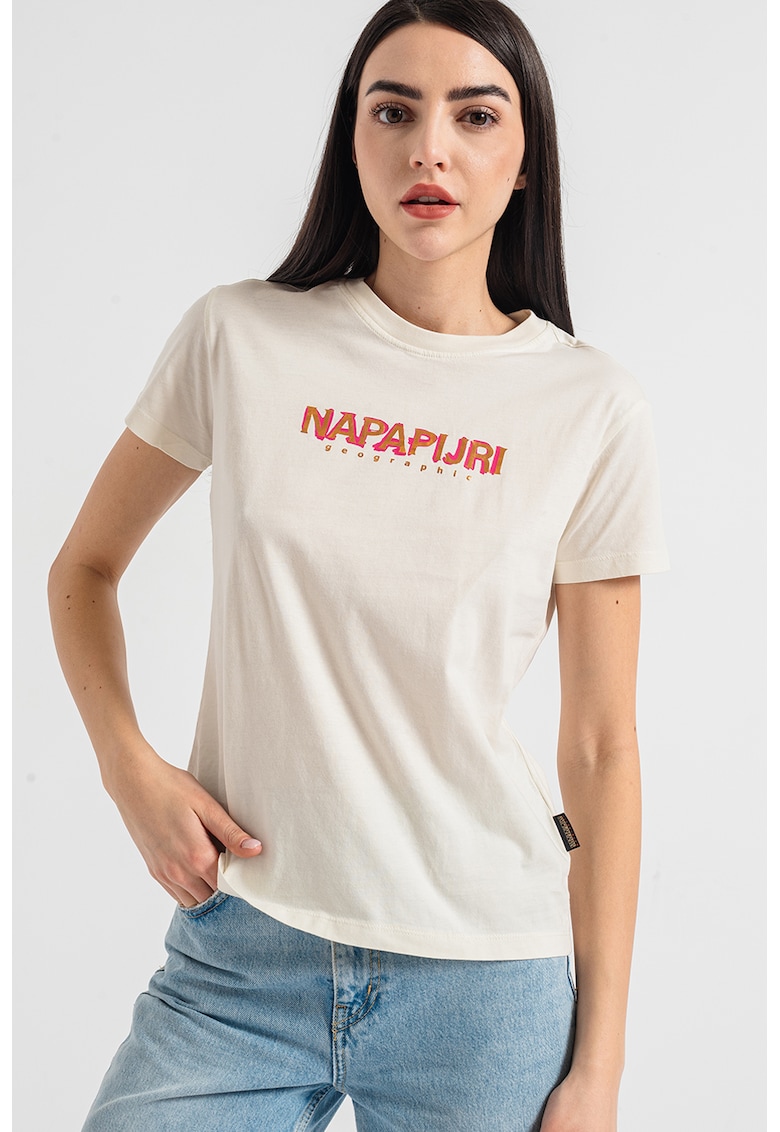 Tricou cu decolteu la baza gatului si imprimeu logo - Alb murdar