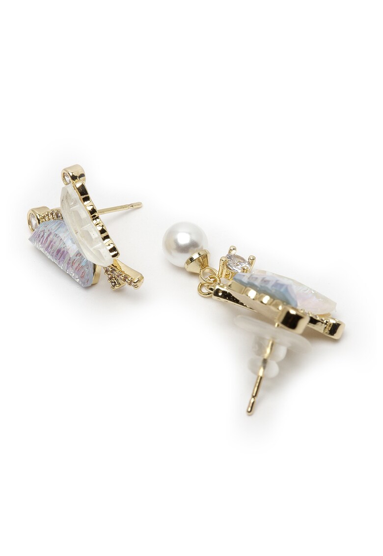 Cercei cu tija - in forma de fluture - din aur de 18K filat - Alb/Auriu