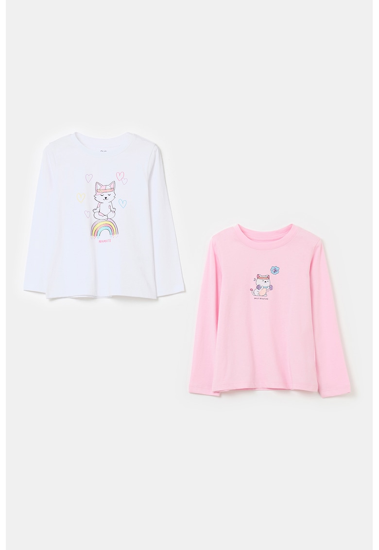 Set de bluze de bumbac cu imprimeu cu pisicute - 2 piese