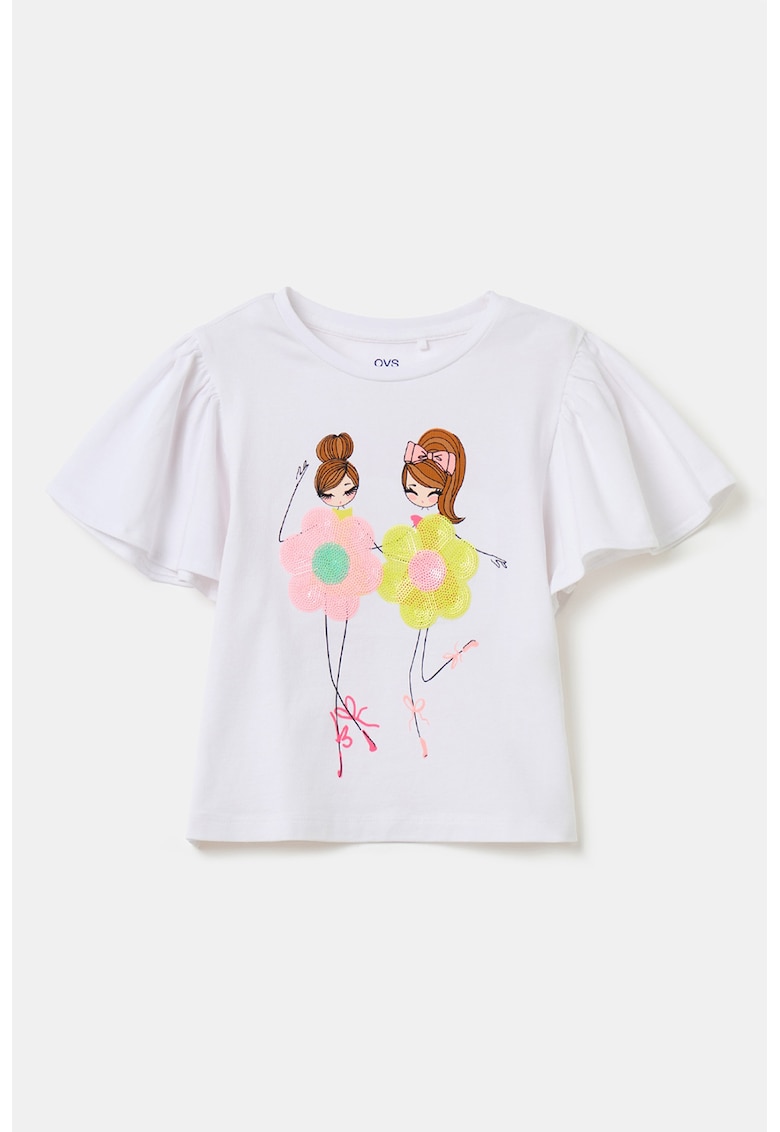 Tricou cu imprimeu grafic si maneci butterfly