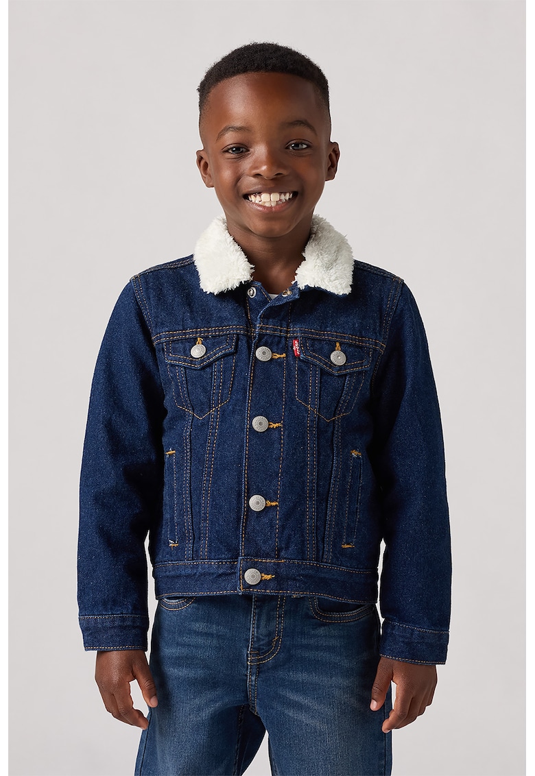 Jacheta din denim cu guler din material teddy