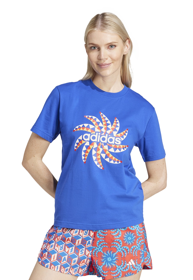 Tricou de bumbac cu decolteu la baza gatului - Alb/Albastru royal