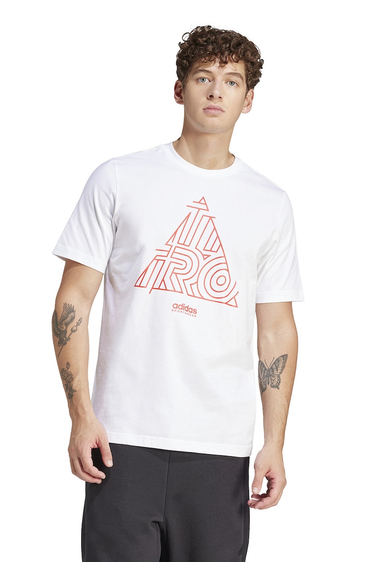 Tricou de bumbac cu decolteu la baza gatului - Alb/Rosu inchis