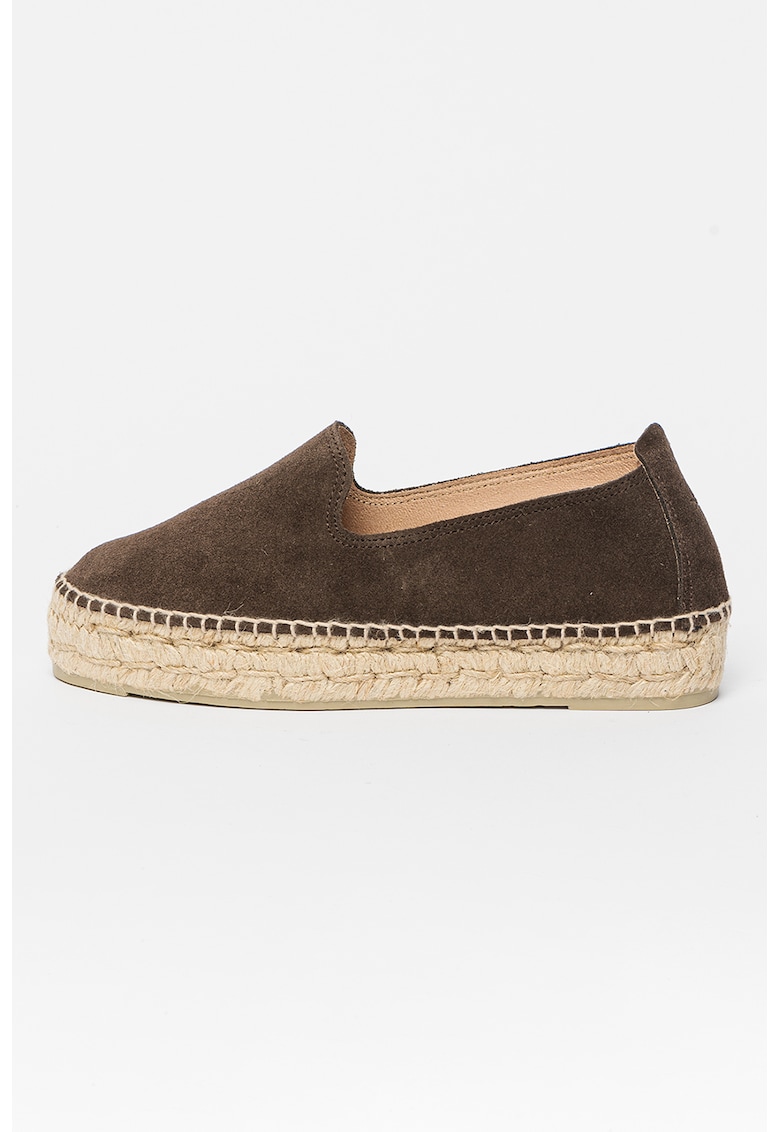 Espadrile flatform de piele intoarsa cu aplicatie impletita de iuta