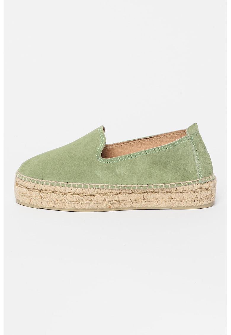 Espadrile flatform de piele intoarsa cu aplicatie impletita de iuta - Verde deschis
