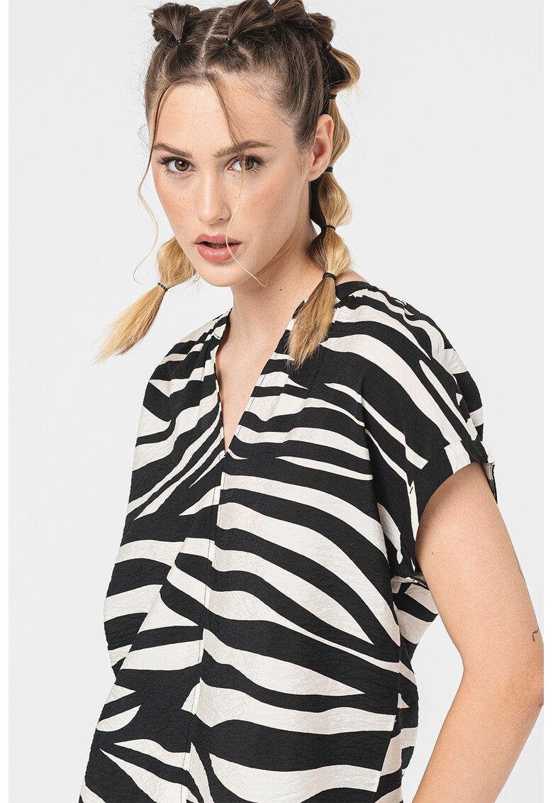 Bluza cu animal print si decolteu in V - Negru/Alb murdar