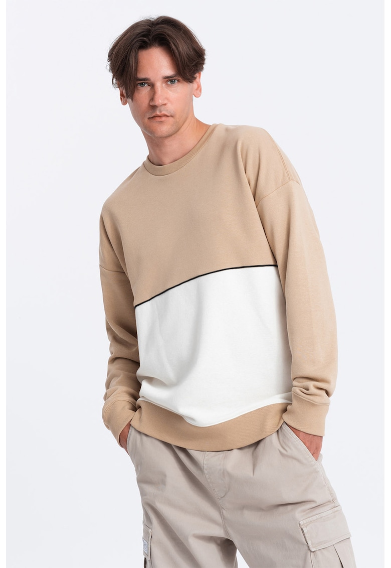 Bluza de trening cu decolteu la baza gatului si model colorblock - Alb/Bej