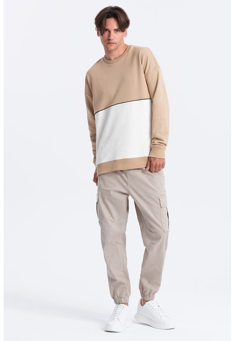Ombre Bluza de trening cu decolteu la baza gatului si model colorblock - Alb/Bej