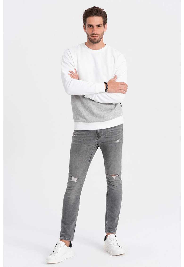 Ombre Bluza de trening cu decolteu la baza gatului si model colorblock - Alb/Gri