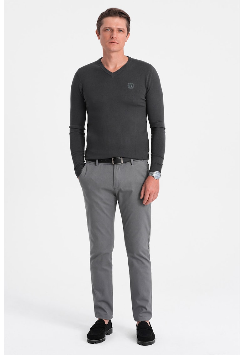 Pulover slim fit cu decolteu in V - Gri antracit