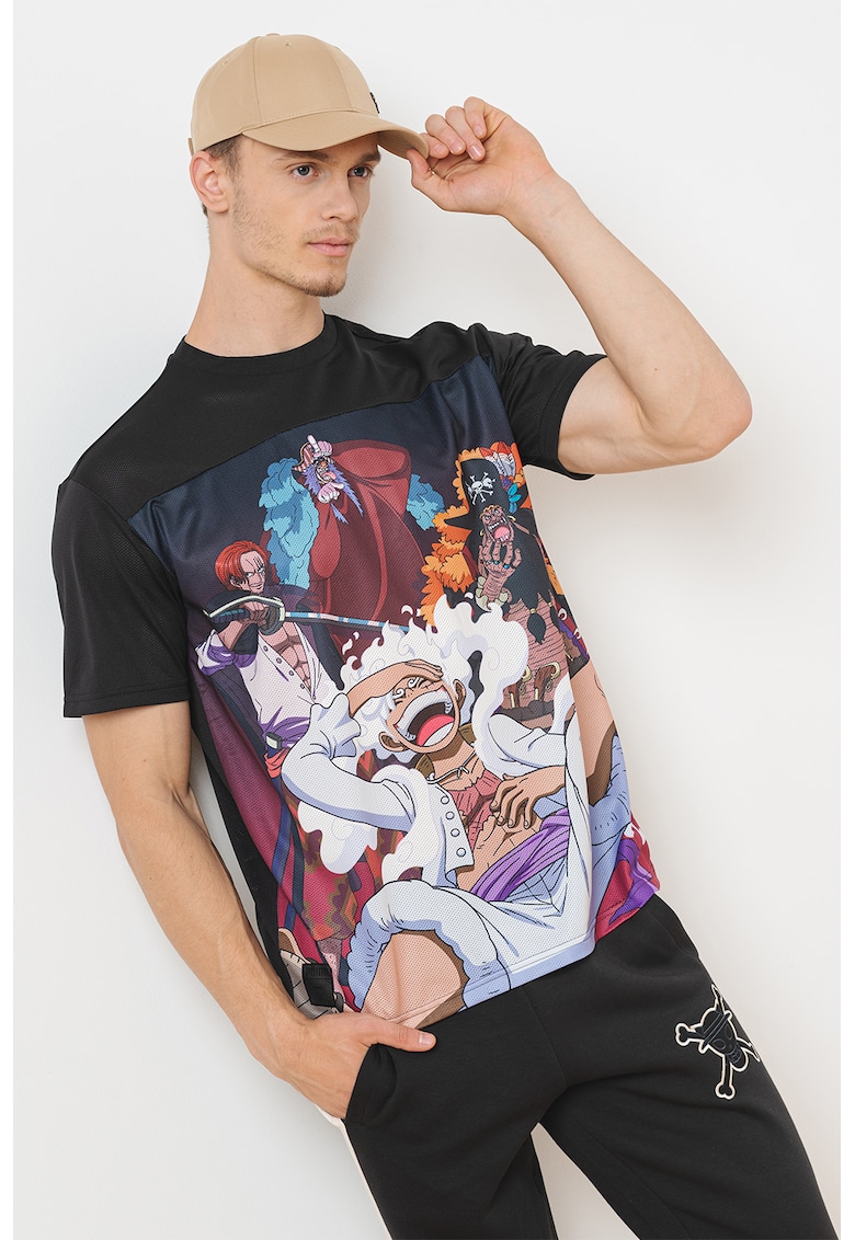 Tricou cu decolteu la baza gatului si model cu desene animate