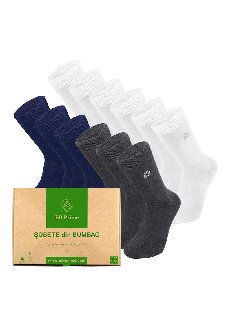 Set 12 perechi - Sosete clasice din bumbac pieptanat - Cutiuta ""Rezerva Lunara"" fara cusatura - respirabile si confortabile - Alb/Gri/Albastru