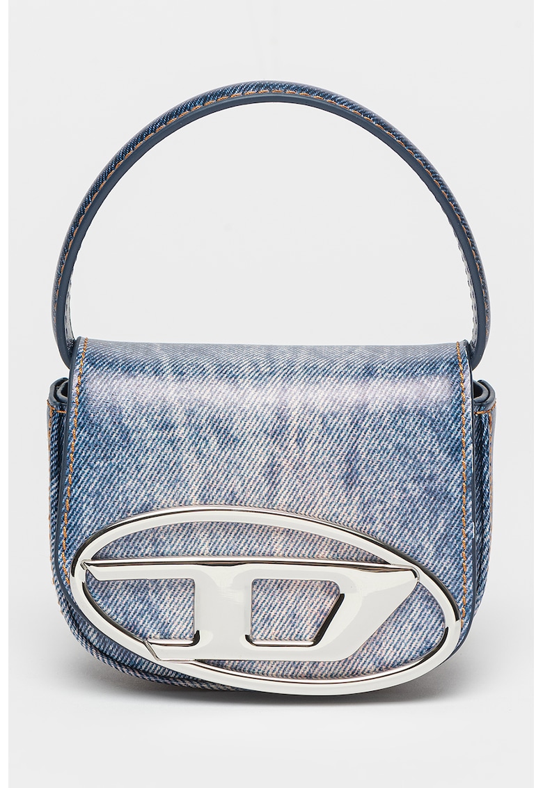 Geanta crossbody din denim cu aplicatie logo metalica