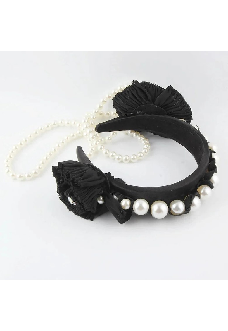 Bentita neagra - bufanta - cu sirag de perle si flori - Nanne C2