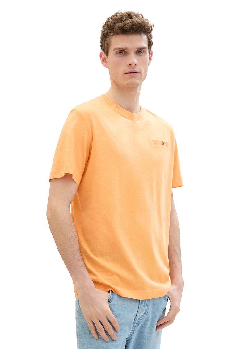 Tricou din amestec de in cu buzunar pe piept - Portocaliu deschis