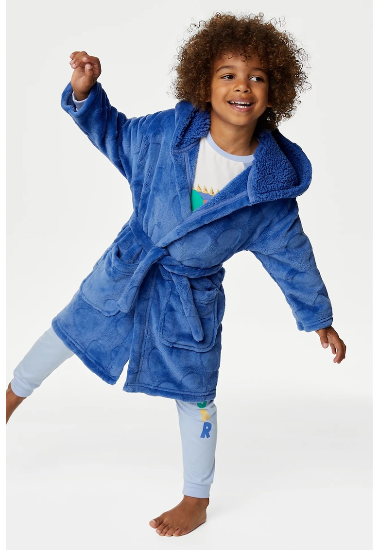 Halat de baie pufos cu gluga si buzunare aplicate