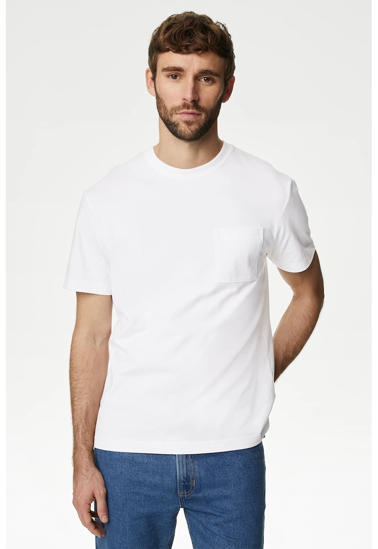 Tricou de bumbac cu buzunar aplicat pe piept - Alb