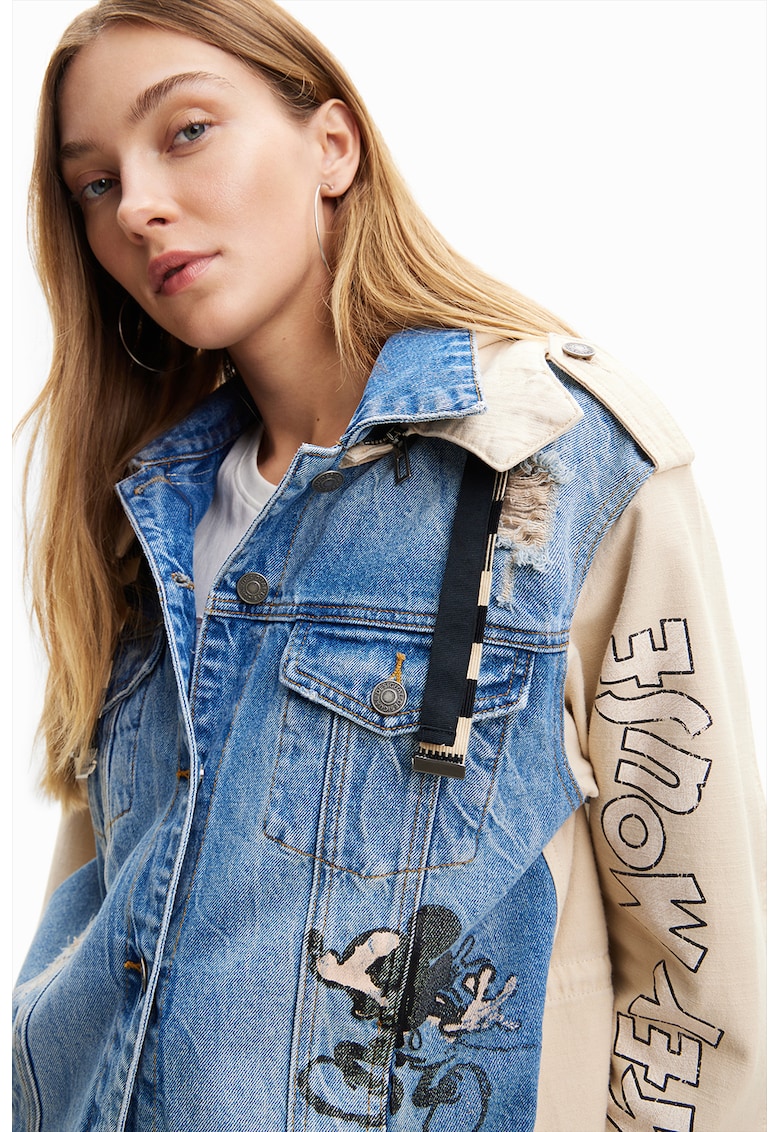 Jacheta parka cu segmente de denim si gluga Mickey Mouse