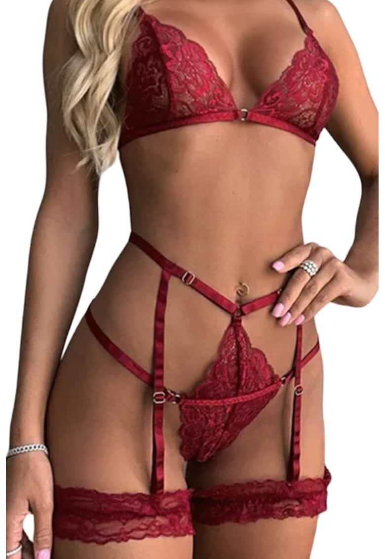 Lenjerie sexy dama - set 3 piese - sutien cupe triunghiulare si chilot tanga seducator cu portjartiere - model senzual delicat - tematica pretty and cute - EFAYN