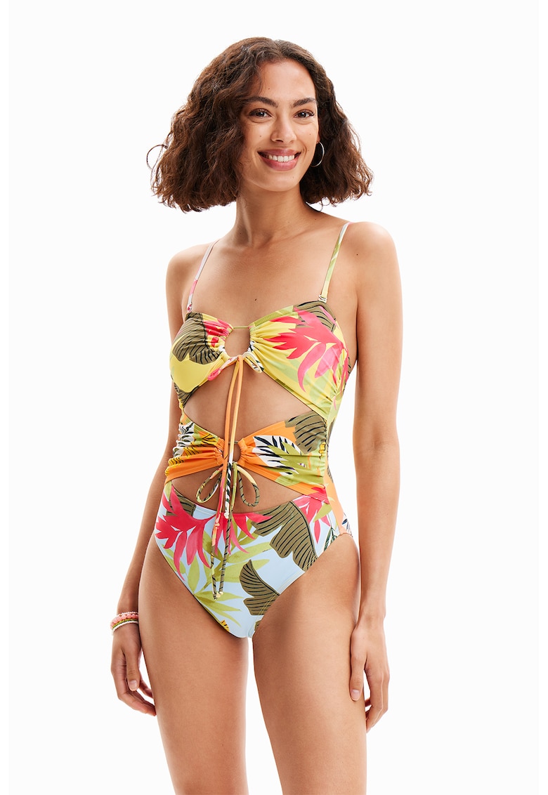 Costum de baie cu imprimeu tropical si decupaje