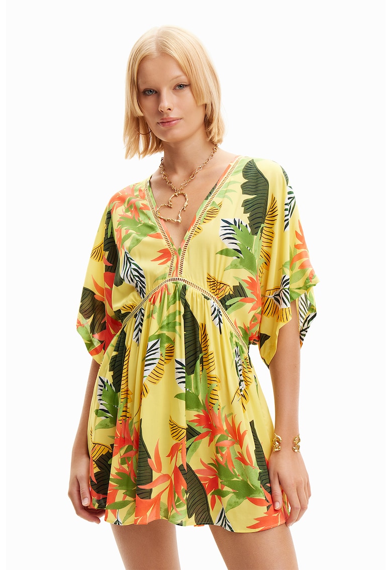 Rochie de plaja cu imprimeu tropical si decolteu in V