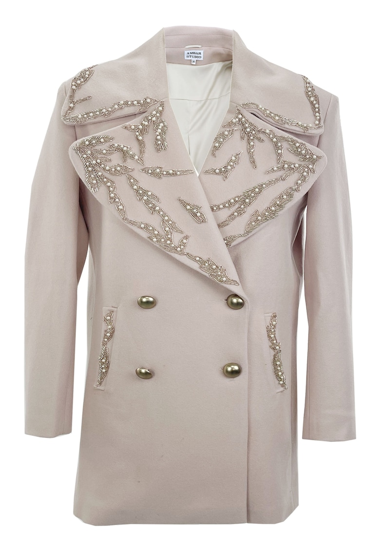 Palton de iarna midi din lana ANIA cu broderie - Roz pastel