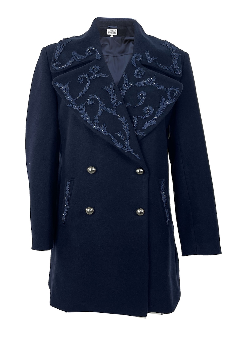 Palton de iarna midi din lana ANIA cu broderie - Bleumarin