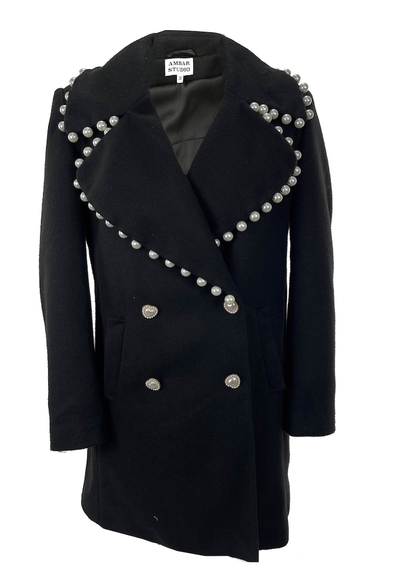 Palton de iarna midi din lana AMIA cu perle - Negru