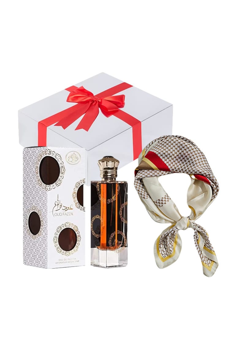 Set Essence&Shawl Apa de parfum Oud Fazza 100 ml + esarfa satinata + cutie cadou cu funda