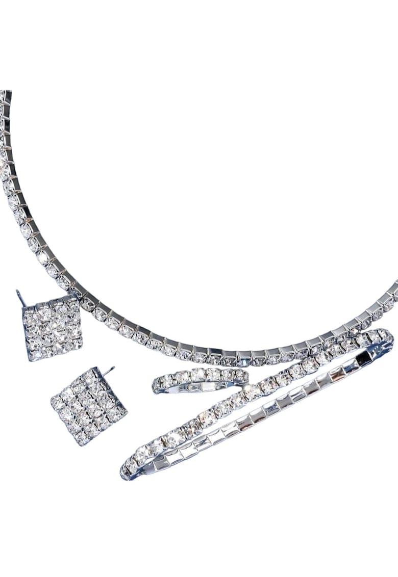 Set colier choker - cercei - inel si bratara tennis - argintiu - cu pietre - Nicko C5