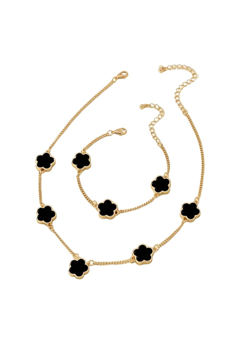 Set colier - cercei si bratara - auriu - cu pandantive flori negre - Nickie C15 Set colier - cercei si bratara - auriu - cu pandantive flori negre - Nickie C15