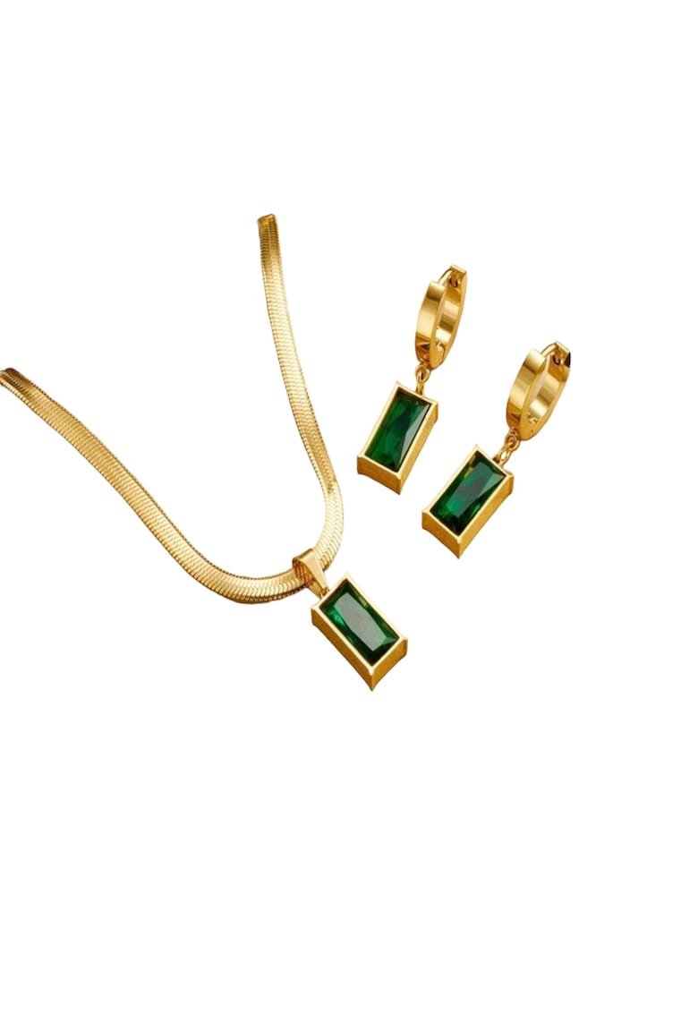 Set colier si cercei - auriu - cu pietre verzi - din otel inoxidabil - suflat cu aur 18k - Nick C1