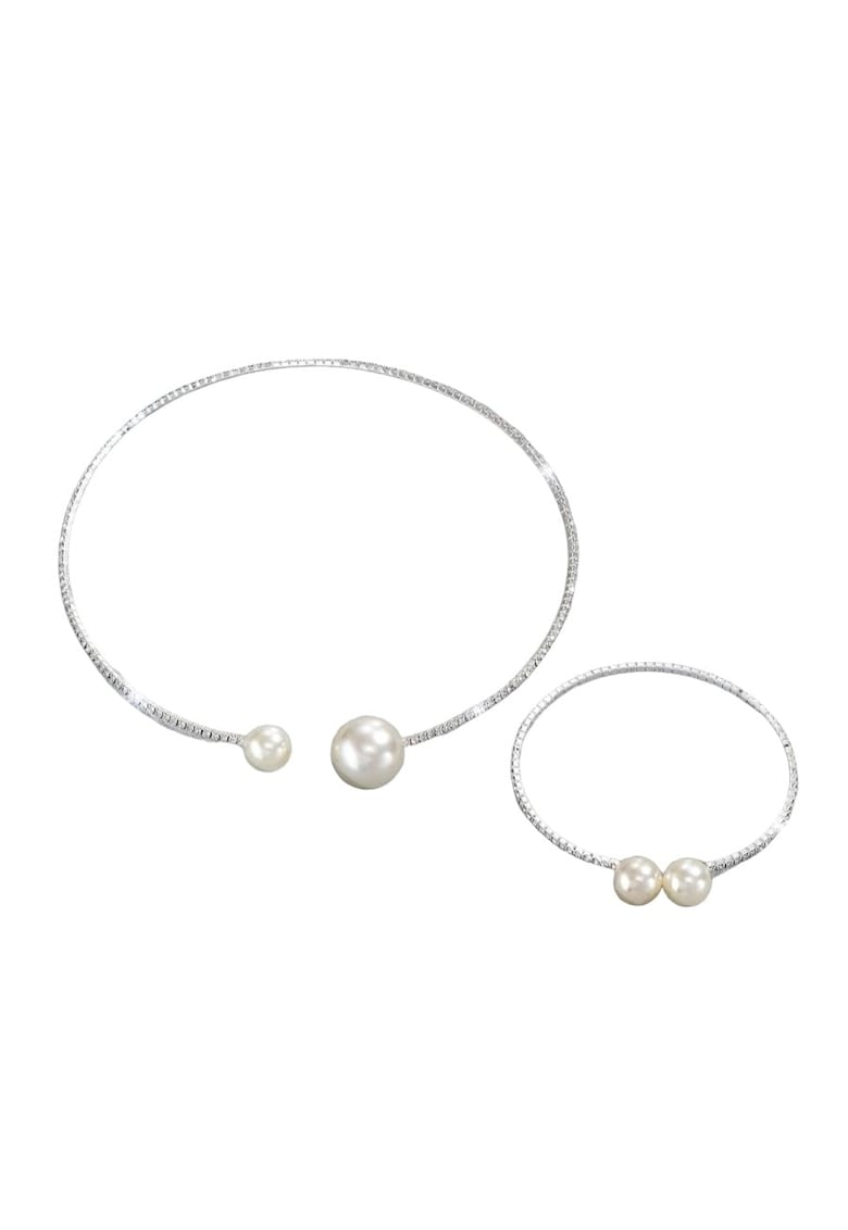 Set colier choker si bratara - argintiu - cu perle si pietre - Nicholas C23