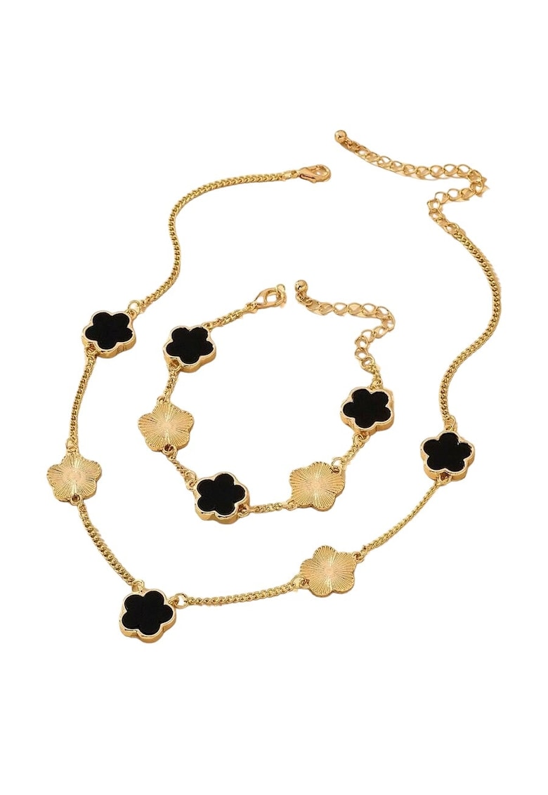 Set colier si bratara - auriu - cu pandantive flori negre - Nichlas C1