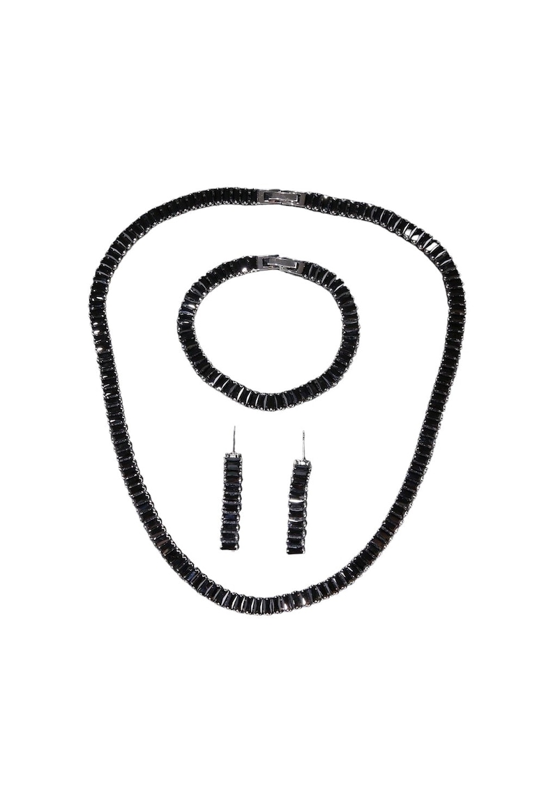 Set colier - cercei si bratara - tennis - argintiu - cu pietre negre din zirconiu - Nicco C8
