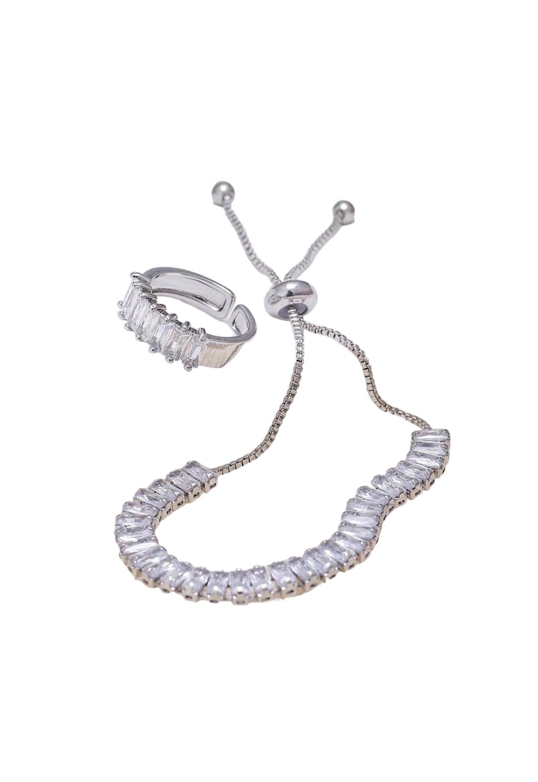 Set bratara tennis si inel reglabil - argintiu - cu pietre din zirconiu - Nichita C1