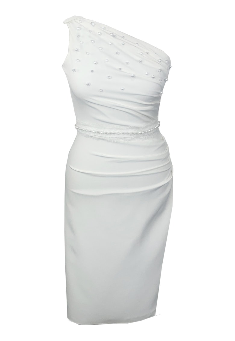 Rochia midi cu un umăr din crep și perle LEONY - Alb