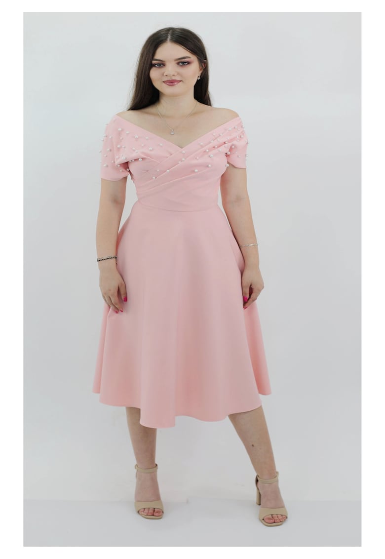 Rochie midi din crep și perle NADIA - Roz deschis