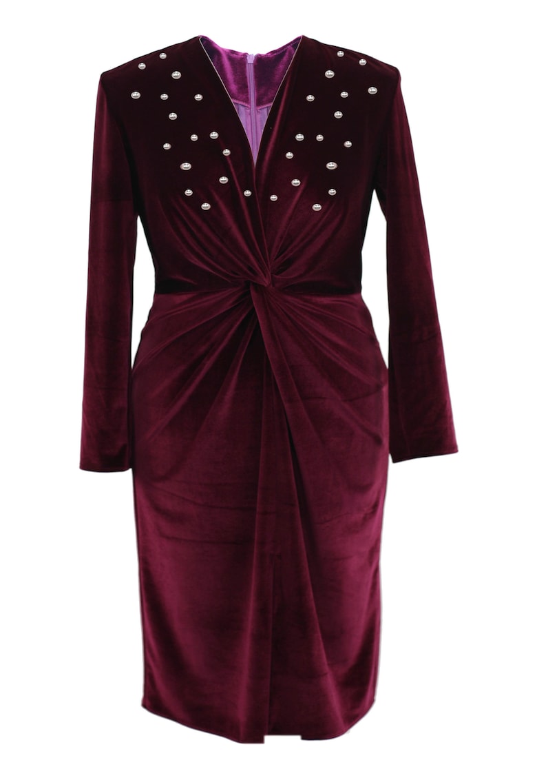 Rochie pe corp din catifea cu perle JADE - Visiniu