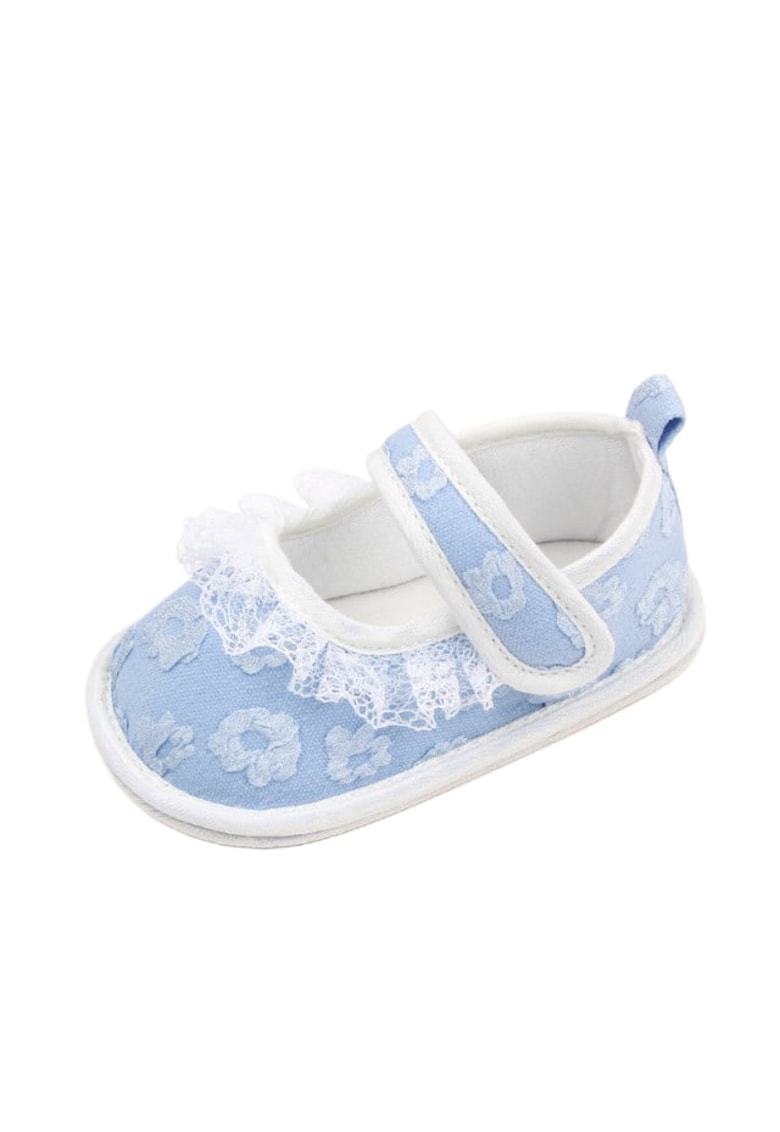 Pantofi Cu Flori Brodate - Textil - Fete - Velcro - Albastru Deschis