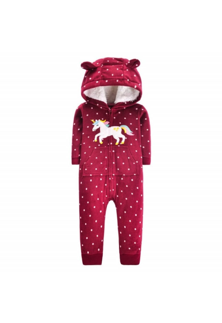 Salopeta Din Polar - Model Unicorn - Fete - Maneca lunga - Visiniu - Alb