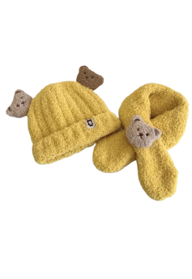 Set Caciula si Fular Model Ursuleti - Acril - Baieti - Galben Mustar