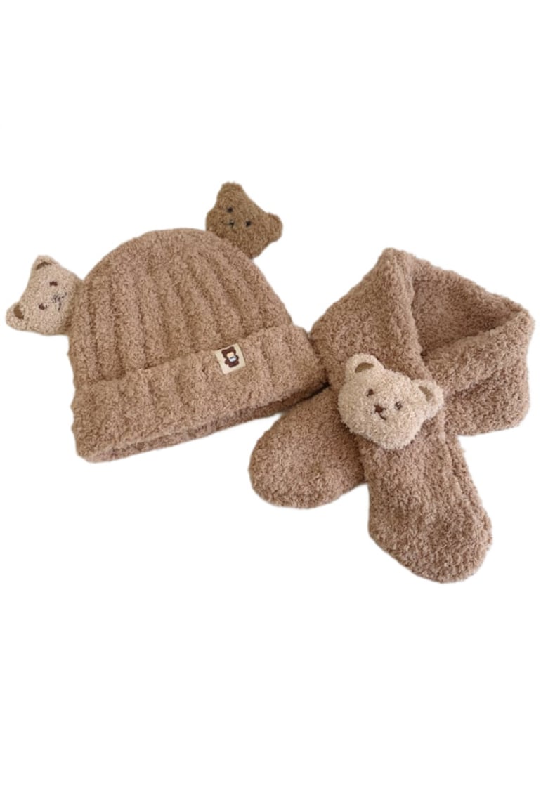 Set Caciula si Fular Model Ursuleti - Acril - Baieti - Fete - Maro