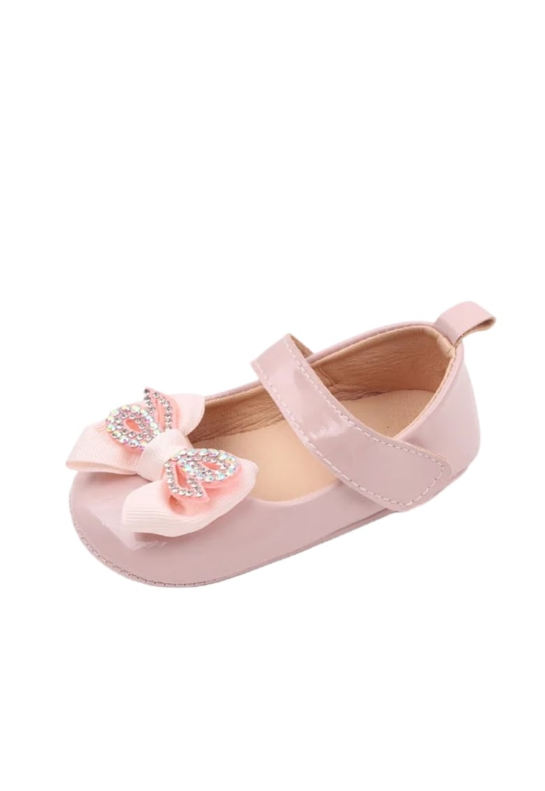 Pantofi Cu Fundita Si Strasuri - Elegant - Piele lacuita - Fete - Velcro - Roz