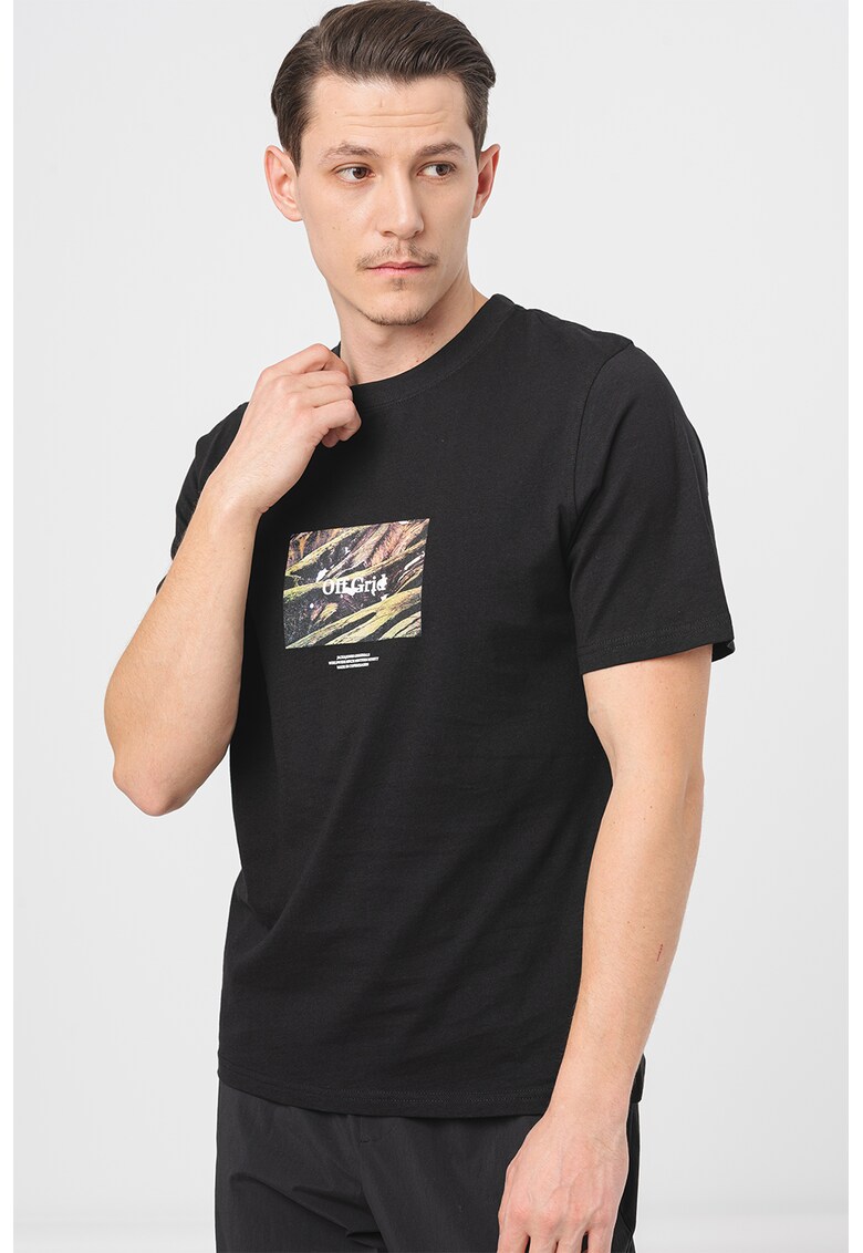 Tricou de bumbac cu decolteu la baza gatului si imprimeu